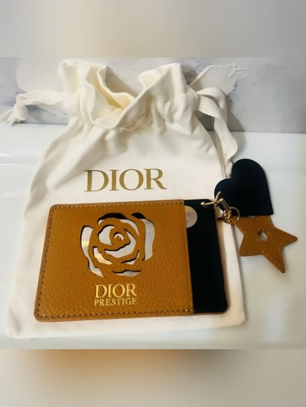 Dior Prestige Mustard Leather Card/Mirror  Holder with Rose Cutout and Charm